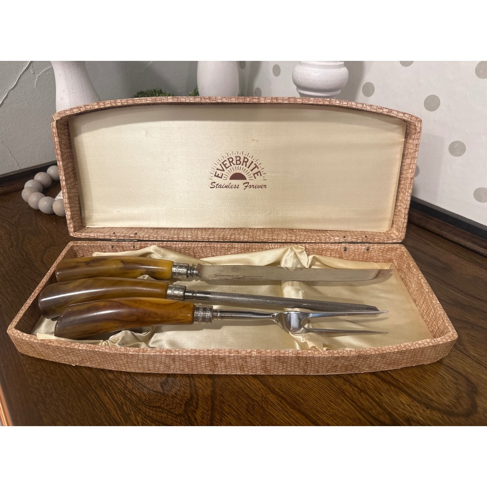 Vintage Everbrite Stainless Forever Carving Set Butterscotch Marbled Handles Box